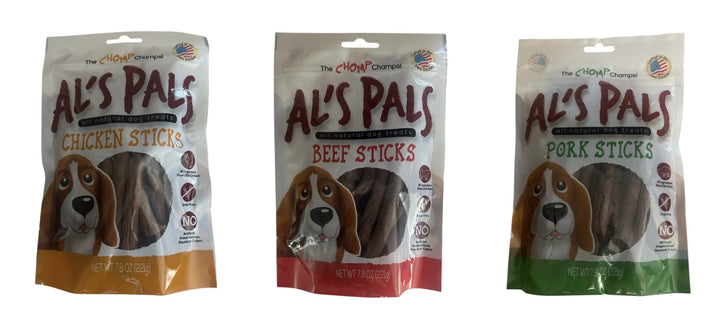 Al's Pal All Natural Dog Treats Bundle - Al's Pals Chicken Sticks 7.8 oz, Al's Pals Beef Sticks 7.8 oz, Al's Pals Pork Sticks 7.8 oz, bundled with Eselect Bag Clip