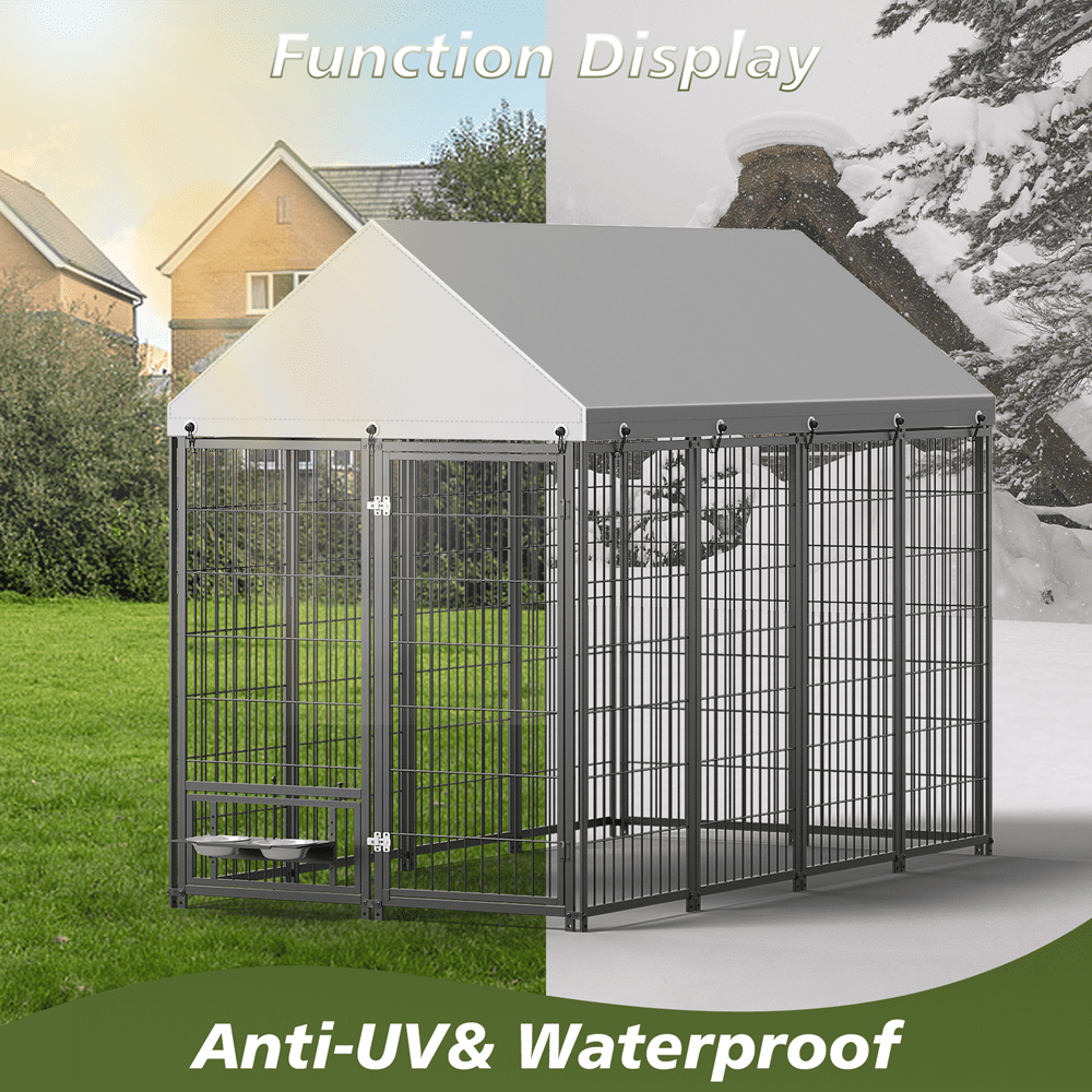 Heavy Duty 8x4x6 FT Outdoor Dog Kennel for Large Dogs, Chew-Resistant Welded Wire Fence with Lockable Door, UV-Resistant Waterproof Roof & Easy Assembly for Yard Use