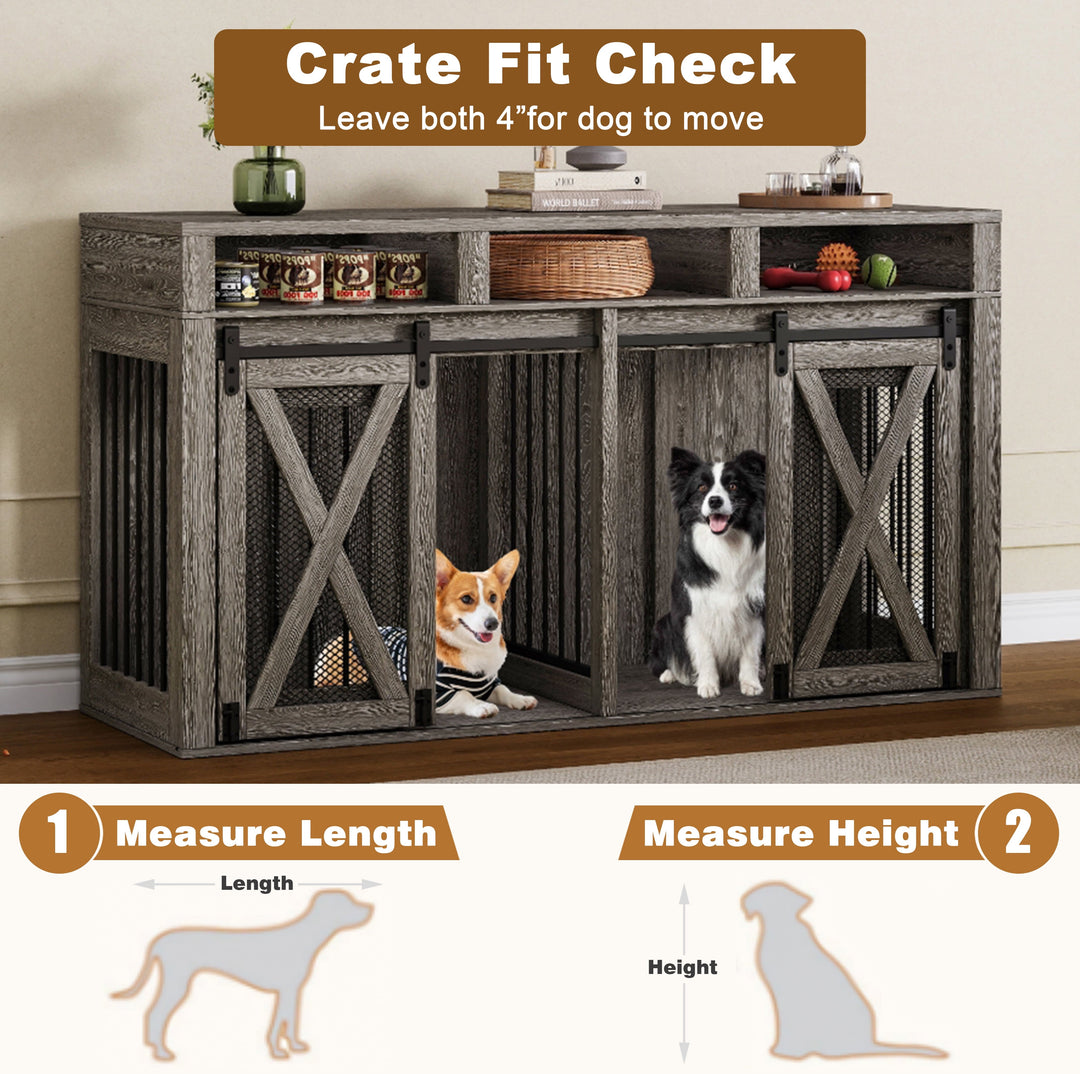 63" Double Dog Crate furniture for 2 Large Dogs, Farmhouse Style Dog Cage TV Stand with Sliding Door, Dog Kennel Indoor with Removable Divider, Grey
