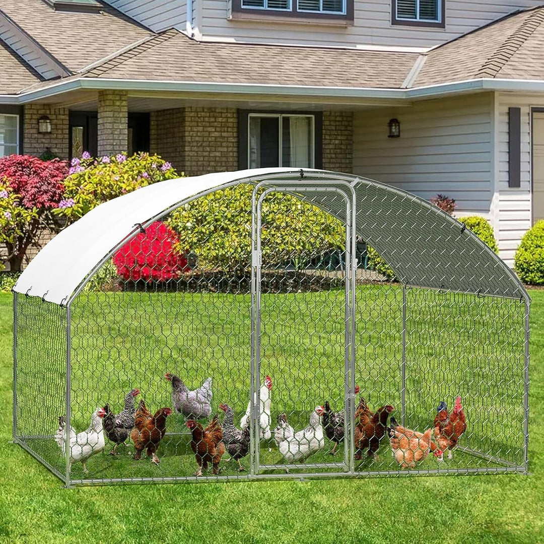 Pinypikaka Metal Chicken Coop, 9.8' x 6.5' x 6.5' Large Chicken Coop with Waterproof and Anti-UV Cover, Walk-in Poultry Cage with Run, Doom Roof Duck Rabbit House for Outdoor Backyard Farm