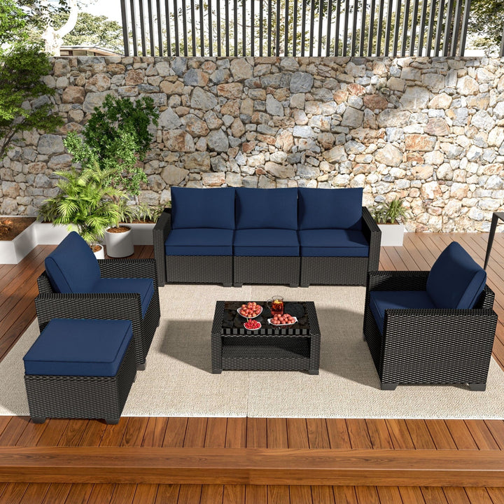 Opemtdo Sofa 7-Piece Modular Outdoor Wicker Sectional Patio Furniture Set with Ottoman and Two-Tier Coffee Table, Brown