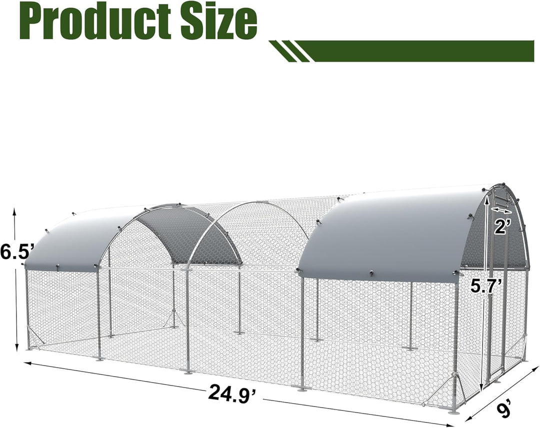Large Metal Chicken Coop with Run for 30 Chickens, 9' x 25' x 6.5', Walk-in Poultry Cage with UV-Resistant Cover