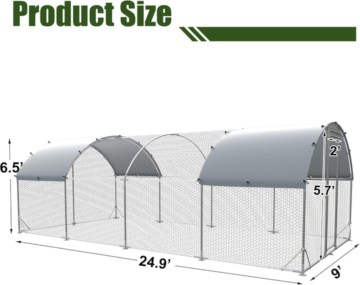 Large Metal Chicken Coop with Run for 30 Chickens, 9' x 25' x 6.5', Walk-in Poultry Cage with UV-Resistant Cover