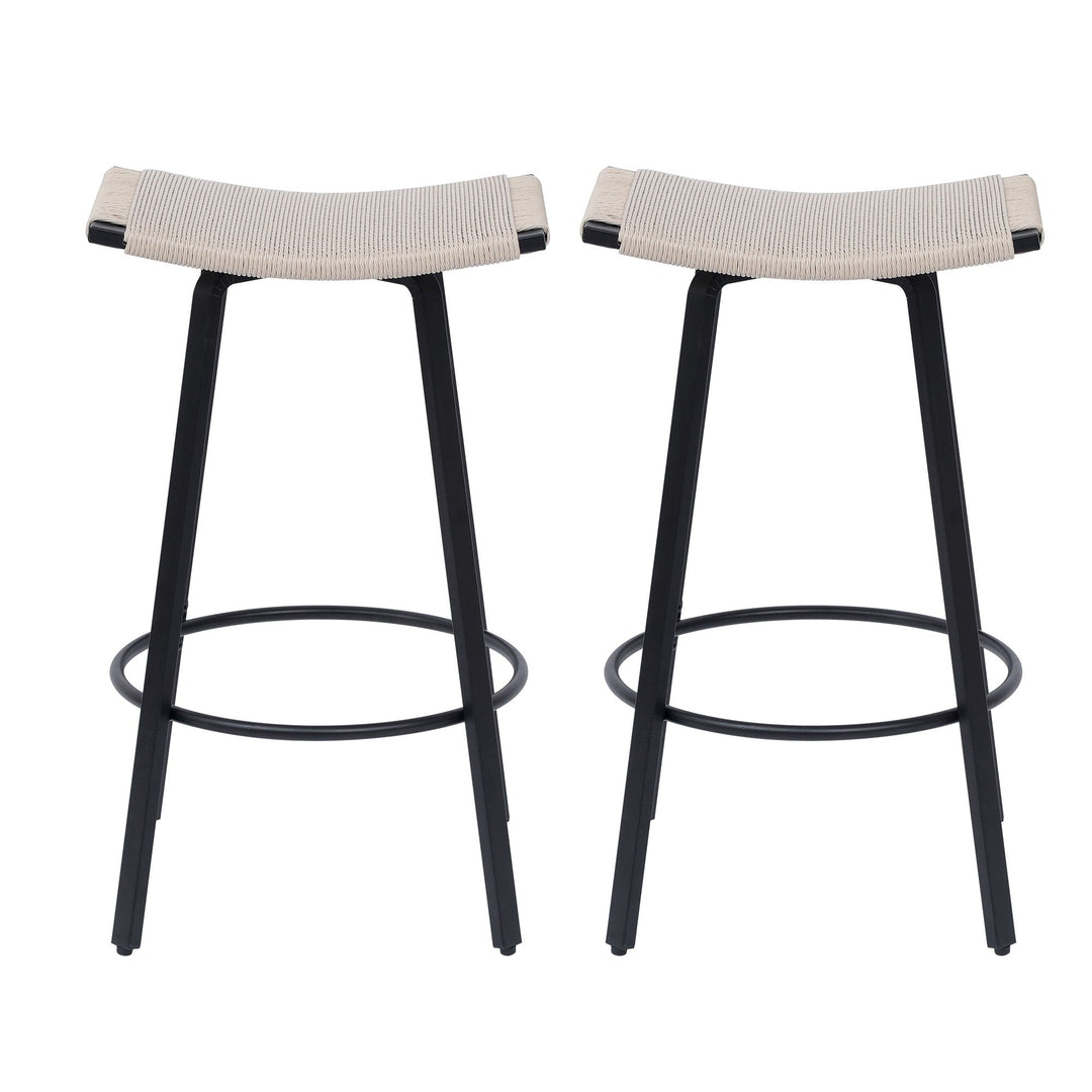 Set of 2 Counter Height Bar Stools Backless Handwoven Kitchen Dining Chairs with Round Footrest PVC Weaving Pub Stool for Indoor & Outdoor (White)