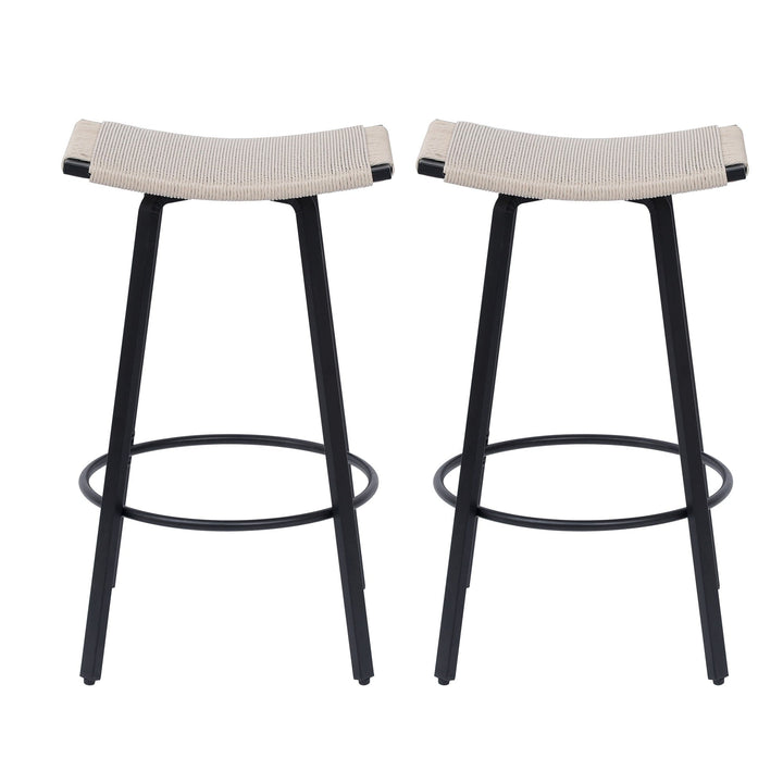 Set of 2 Counter Height Bar Stools Backless Handwoven Kitchen Dining Chairs with Round Footrest PVC Weaving Pub Stool for Indoor & Outdoor (White)