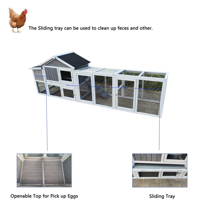 Zephypaws 112" Large Wooden Chicken Coop with Nesting Box, Outdoor Chicken Run Cage, Waterproof Hen House for Backyard, Gray