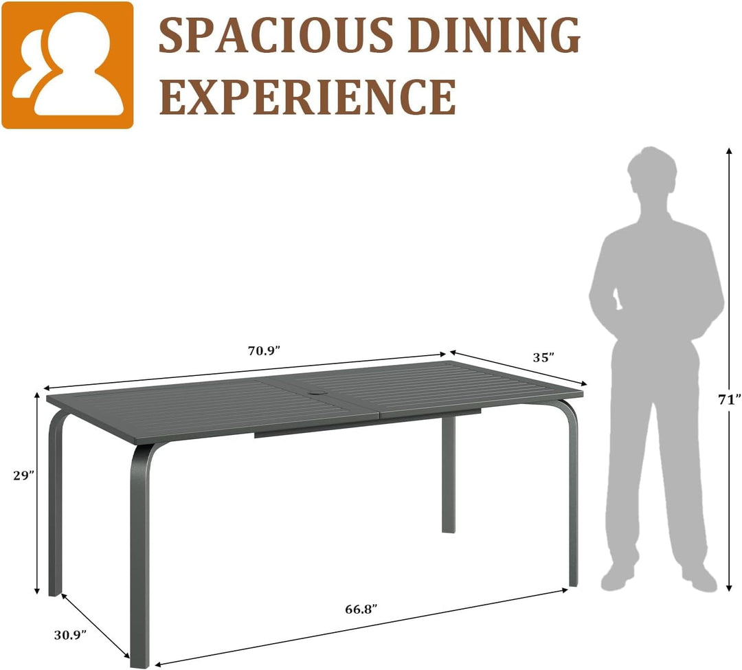 71" x 35" Outdoor Dining Table - 8-Person Aluminum Patio Table with Slatted Top & Umbrella Hole,All-Weather Black for Backyard/Garden/Lawn