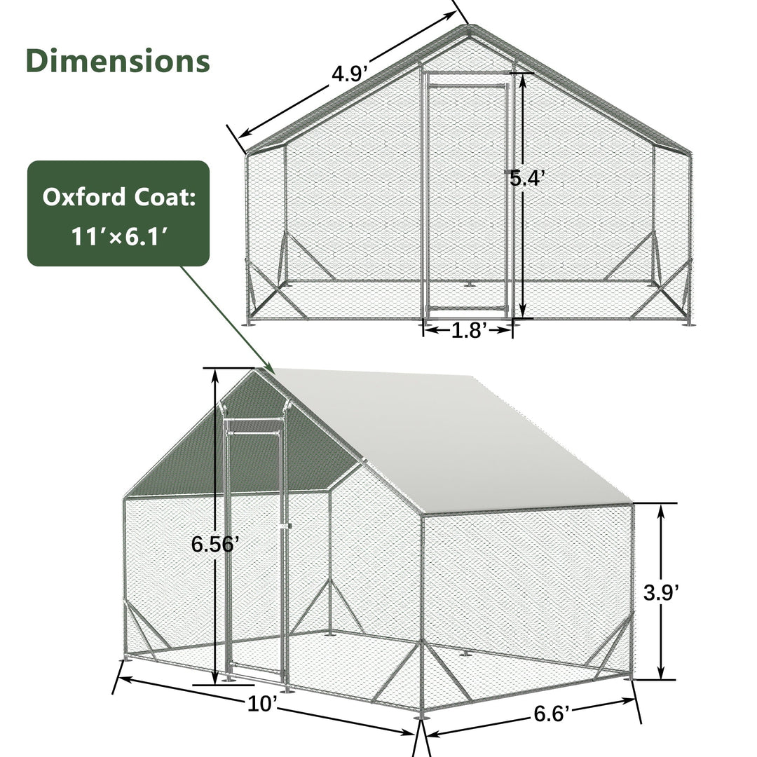 Coowa Large Metal Chicken Coop, Walk-in Chicken Run with Galvanized Wire, Waterproof UV Cover, Hen Pen Cage for Rabbits, Ducks, Poultry, 10' L x 6.6' W x 6.56' H