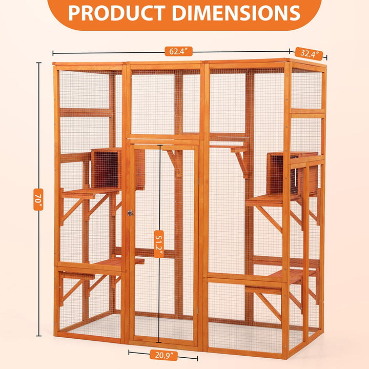 Resenkos Cat House, Catio Cat Shelter, Cat Cage,Large Cat Enclosure with 5 Perches, 2 Condos and 1 Lockable Door, Orange
