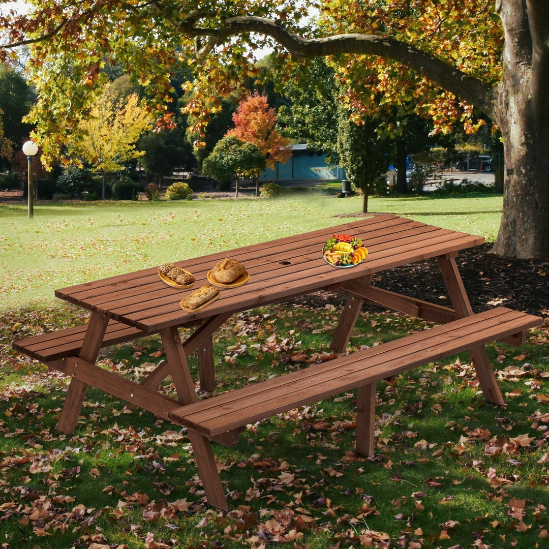 75-Inch Wooden Picnic Table, 8-Person Outdoor Dining Table with 2 Built-In Benches, 2,220 lbs Capacity, Durable Brown Wood for Garden, Patio, Camping, and DIY Projects(Brown)