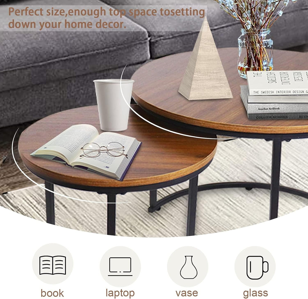 Modern Industrial Round Nesting Coffee Table Set of 2 – Sturdy Metal Frame Side & End Tables for Living Room, Bedroom, Apartment – Simple Nightstand or Centerpiece