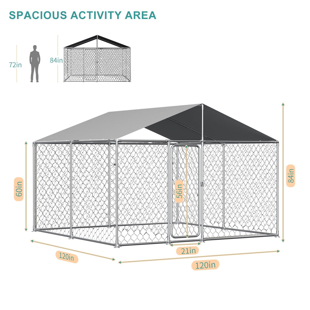 Large Dog Kennel Outside, Heavy Duty Galvanized Steel Outdoor Dog Kennel with Waterproof UV-Resistant Cover, Lockable Door Chain Link Playpen for Small to Large Pets (120"x120"x84")