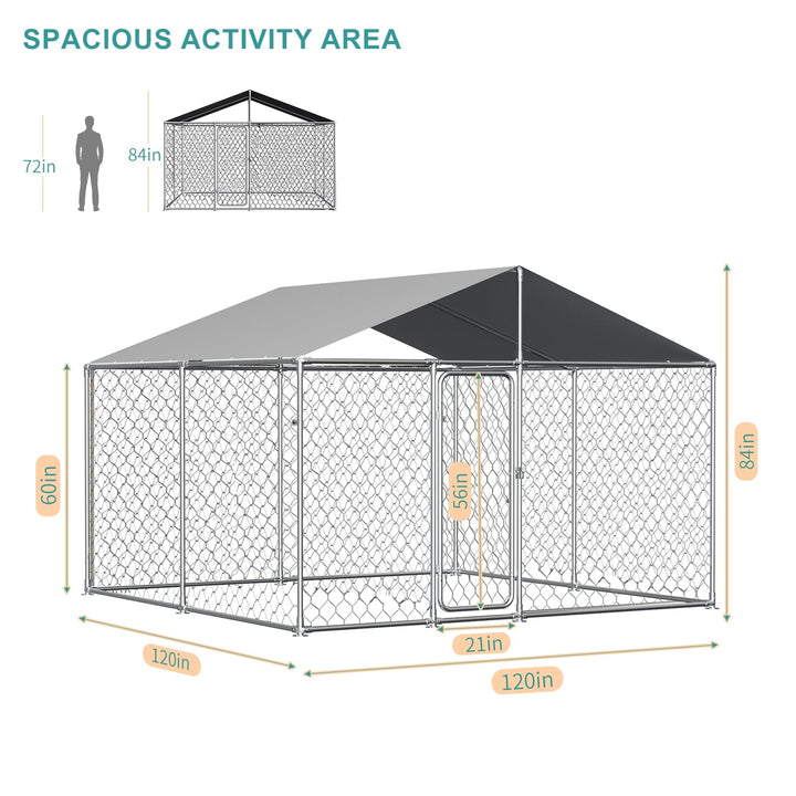 Large Dog Kennel Outside, Heavy Duty Galvanized Steel Outdoor Dog Kennel with Waterproof UV-Resistant Cover, Lockable Door Chain Link Playpen for Small to Large Pets (120"x120"x84")