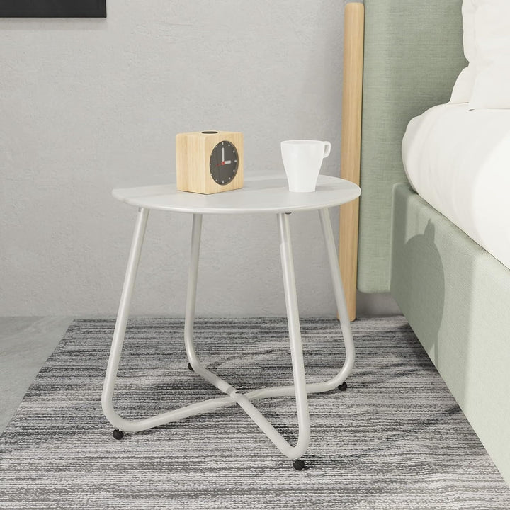 Multi-Purpose Rolling Side Table - Round Shape with Reinforced Cross Base, Lockable Wheels for Stability, Modern Home Furniture Essential - White