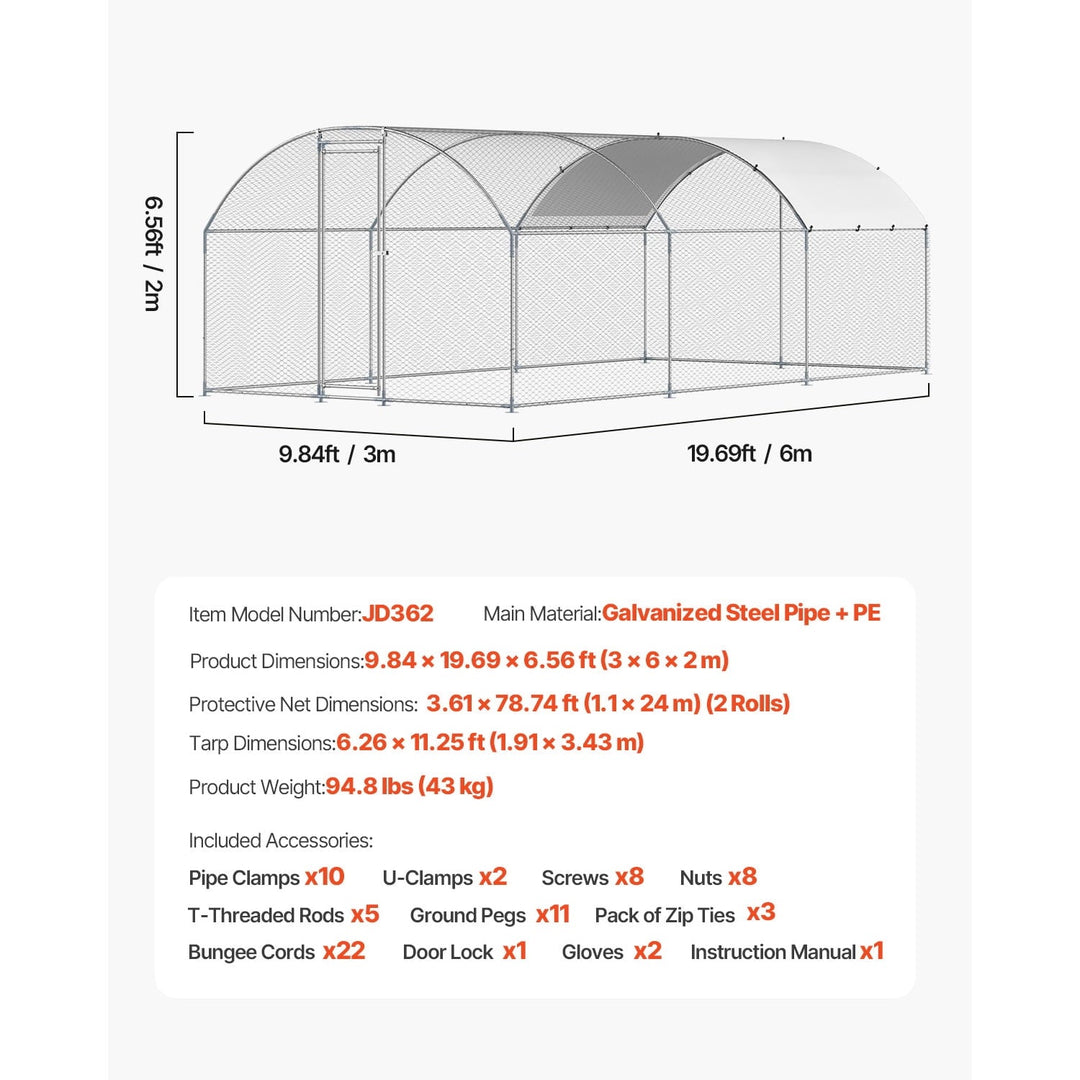 KFFKFF Metallic Poultry Enclosure, Dimensions 9.8x19.3x6.5 ft, Spacious Walk-in Design with Protective Cover, Dome-Shaped Roof, Hen Shelter with Safety Lock, Exterior Duck and Rabbit Habitat