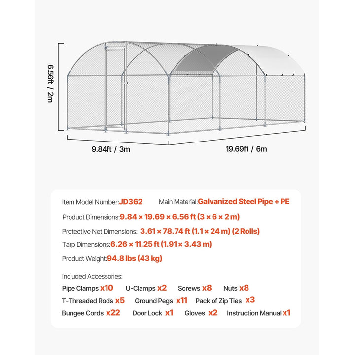 KFFKFF Metallic Poultry Enclosure, Dimensions 9.8x19.3x6.5 ft, Spacious Walk-in Design with Protective Cover, Dome-Shaped Roof, Hen Shelter with Safety Lock, Exterior Duck and Rabbit Habitat