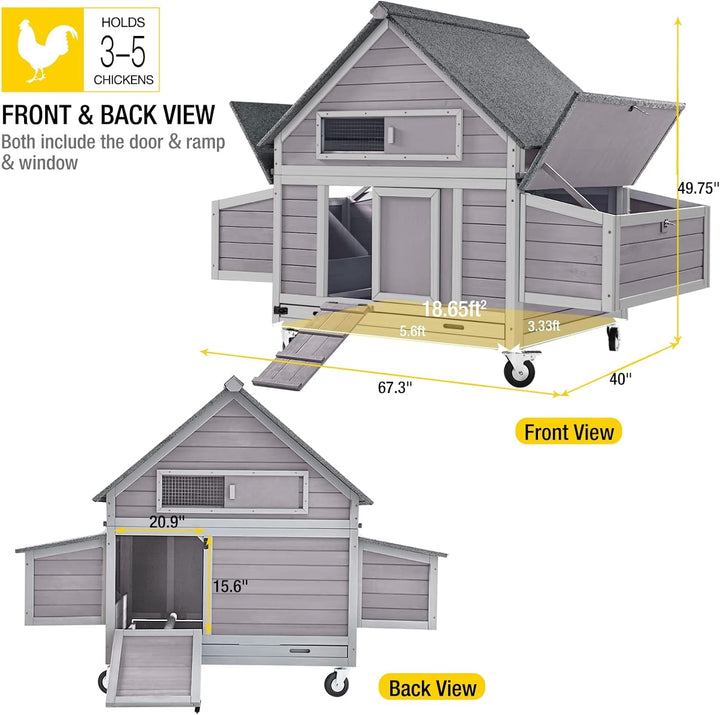BUTINGLALE Chicken Coop on Wheels Movable Hen House with Two Nesting Boxes, Large Poultry Cage Outdoor Duck Cage