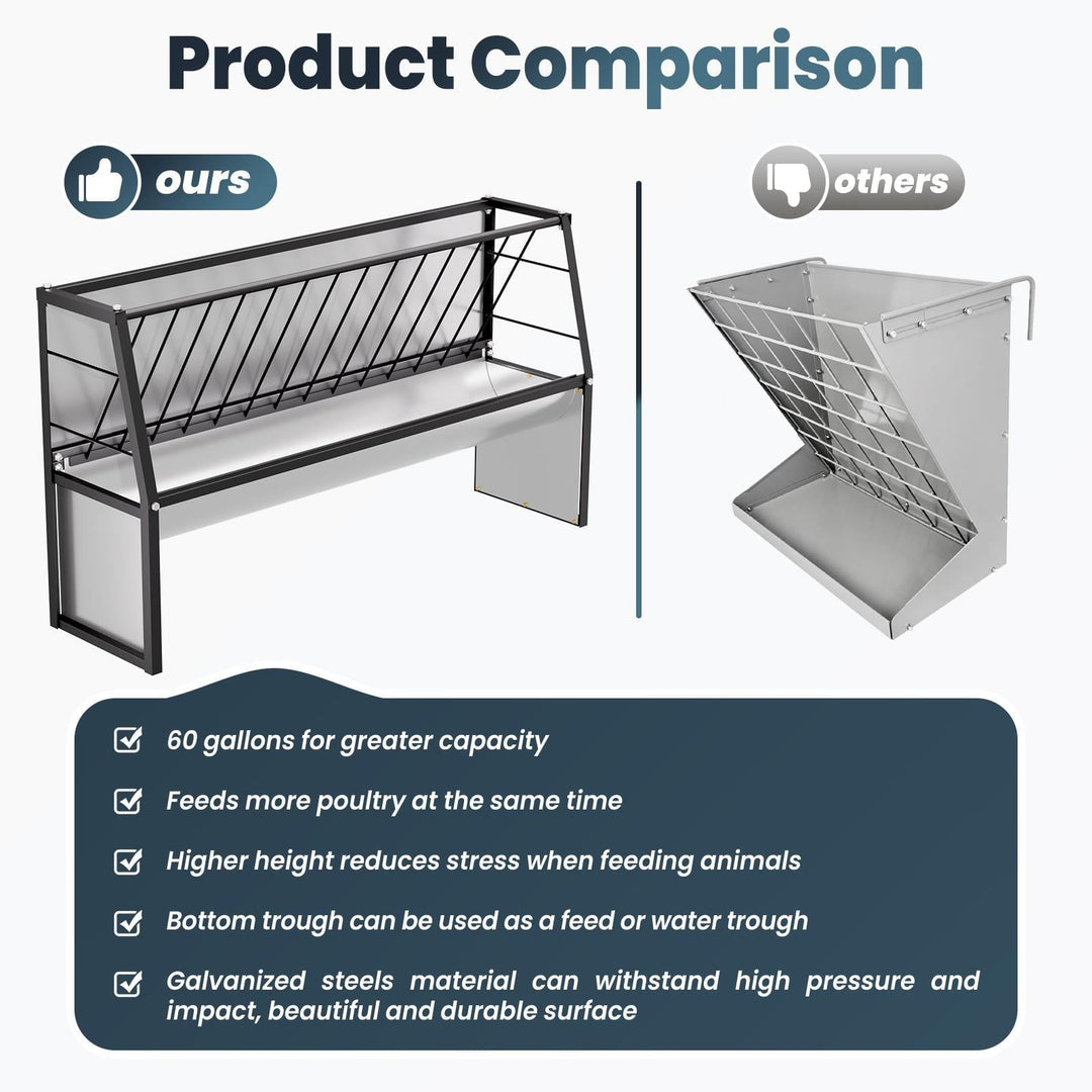 60 Gallon Feeder, Heavy Duty Galvanized Steel Livestock Hay Feeder, Non - Deformed for Goats, Cows, Pigs in Farm Pasture, Barn, Grazing Field