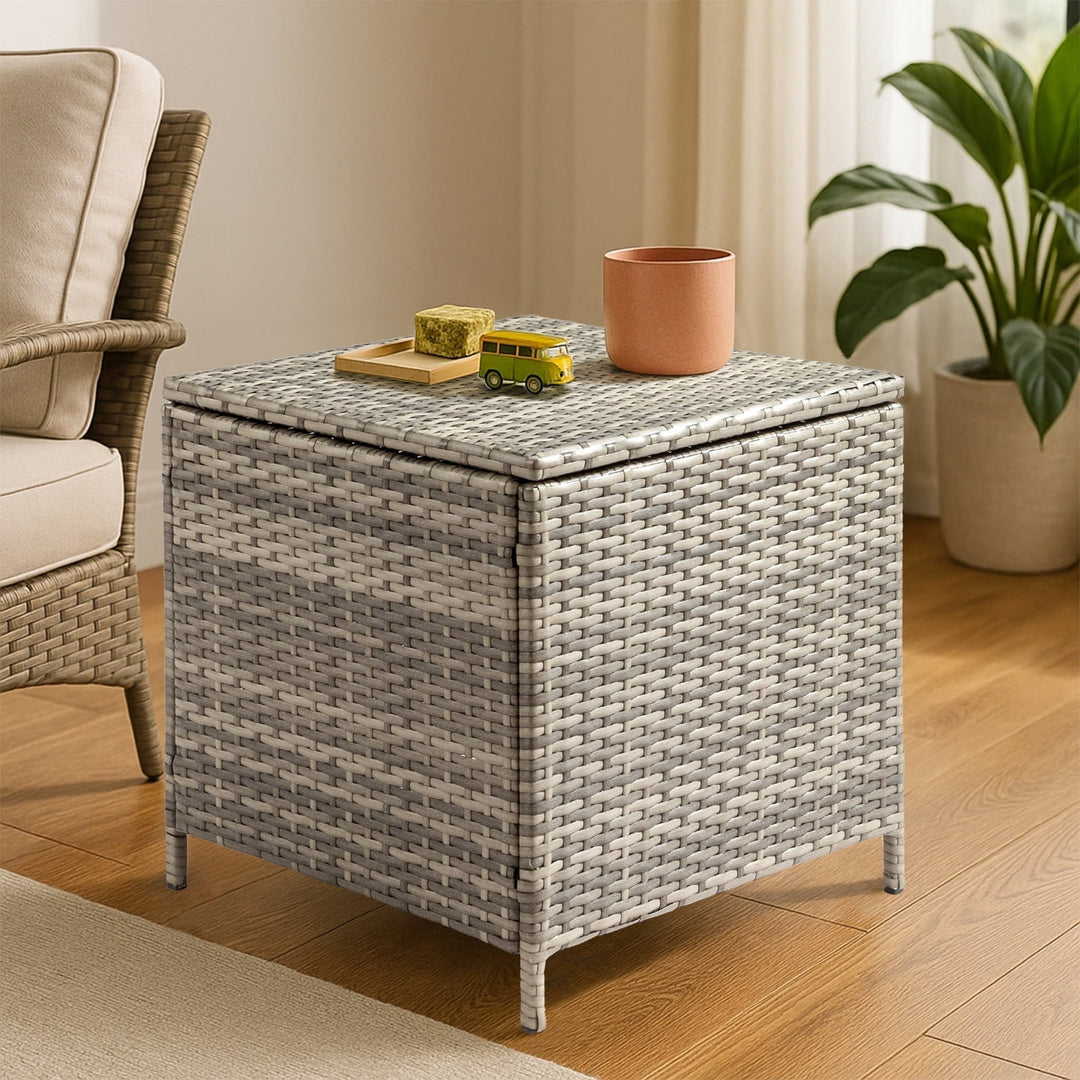 BAYUELSWU Outdoor Side Table with Storage, 27 Gallon Wicker Outdoor Side Table, Rattan Coffee Table All-Weather for Patio, Porch, Lawn (Grey)