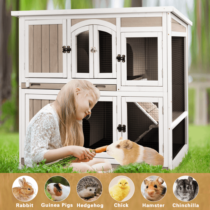 Gowoodhut Guinea Pig Cage Indoor Wooden 2-Story Rabbit Hutch on Wheels for Small Animals, Gray