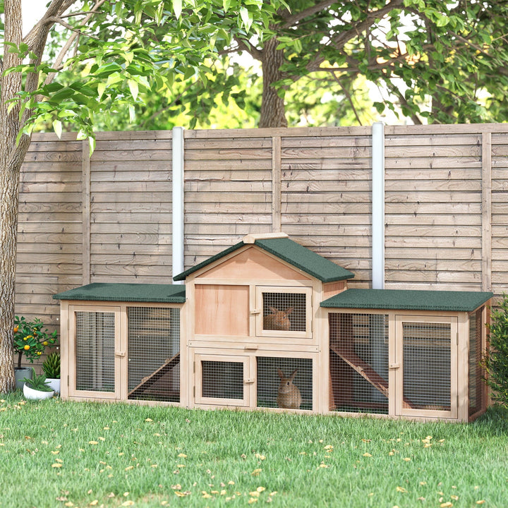 CoSoTower 83"L Outdoor Rabbit Hutch, Guinea Pig Cage Indoor Outdoor Wooden Bunny Hutch with Double Runs, Weatherproof Roof, Removable Tray, Ramps, Natural