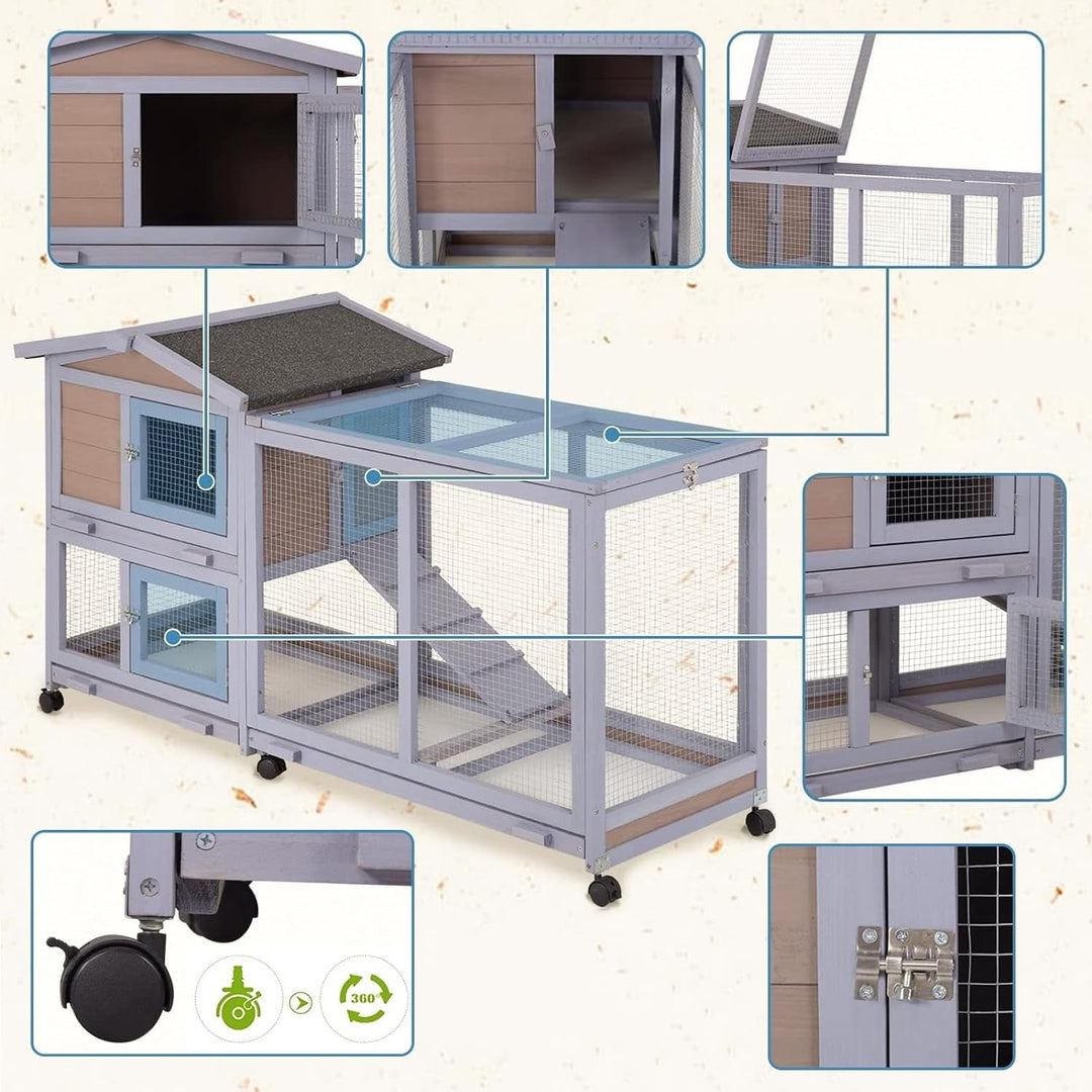 Rabbit Cage, Critter Cage, Two Tier 58" Wheeled Wooden Bunny Cage, Rabbit Hutch Outdoor with Waterproof Roof & 3 Sliding Bottom Trays for Easy Cleaning, Multi-Door Design, Grey