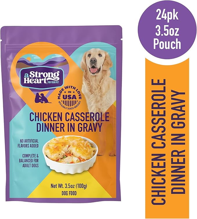 A Strong Heart Wet Dog Food Pouches, Chicken Casserole Dinner in Gravy, 3.5 oz Pouches (Pack of 24), Made in The USA with Real Chicken