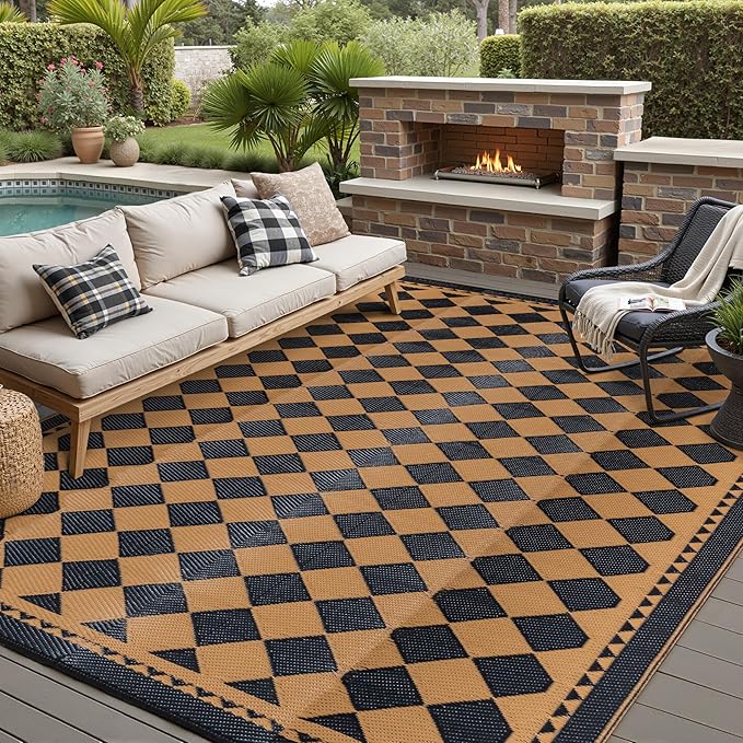 Outdoor Waterproof Rug 6'x9' Plastic Straw Rugs Washable Reversible Floor Mat Brown Plaid Carpet for Camping RV Deck Entryance Porch Picnic Balcony Beach Backyard
