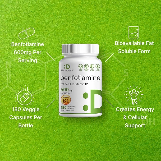 Benfotiamine 600mg Per Serving, 180 Veggie Capsules (300mg Per Cap) – Fat Soluble Vitamin B1 Thiamine Supplement – 3rd Party Tested, Vegan, Non-GMO, Gluten Free