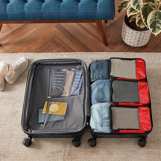 Amazon Basics Small Packing Cubes for Travel, Packing Organizers, 4-Piece-Set With Double Zipper Pulls and Mesh Top Panel, 100% Durable Polyester, Red, 11"L x 6.8"W x 3"H