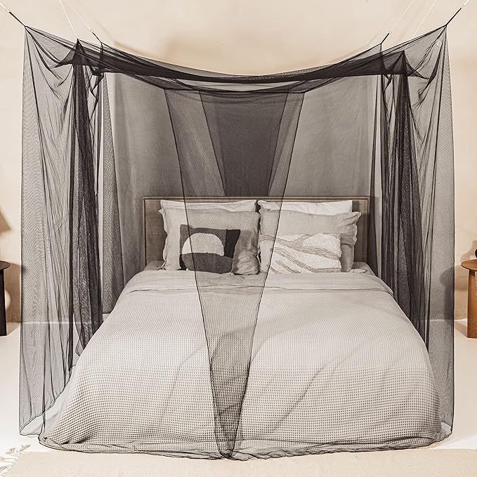 Black Mosquito Net for Single to King-Sized Beds – 4 Side Openings & 6 Hanging Loops – Decorative Rectangular Shape for Home & Travel – Bed Canopy Hanging Kit & Carrying Bag Included
