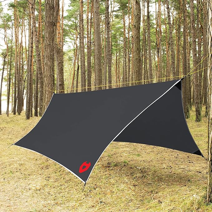 Rain Fly 12x10 Lightweight Survival Camping Tarp; 100% Waterproof; Makes a Great Backpacking Tarp or Hammock Shelter; Comes in Multiple Colors, Survival Bracelet Included; Black