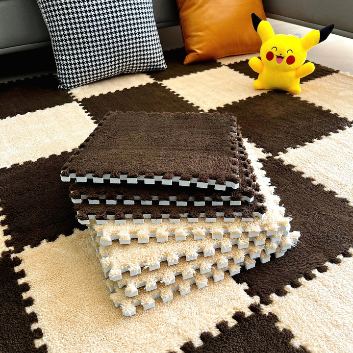 easycustomerlee 12pcs Interlocking Carpet Shaggy Soft EVA Foam Mats Fluffy Rugs Protective Floor Tiles Play Mats for Children Kids Room Home Parlor Bedroom(Brown)