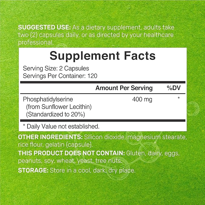 Phosphatidylserine Supplement, 400mg Serving, 240 Capsules – Soy Free Sunflower Lecithin Source