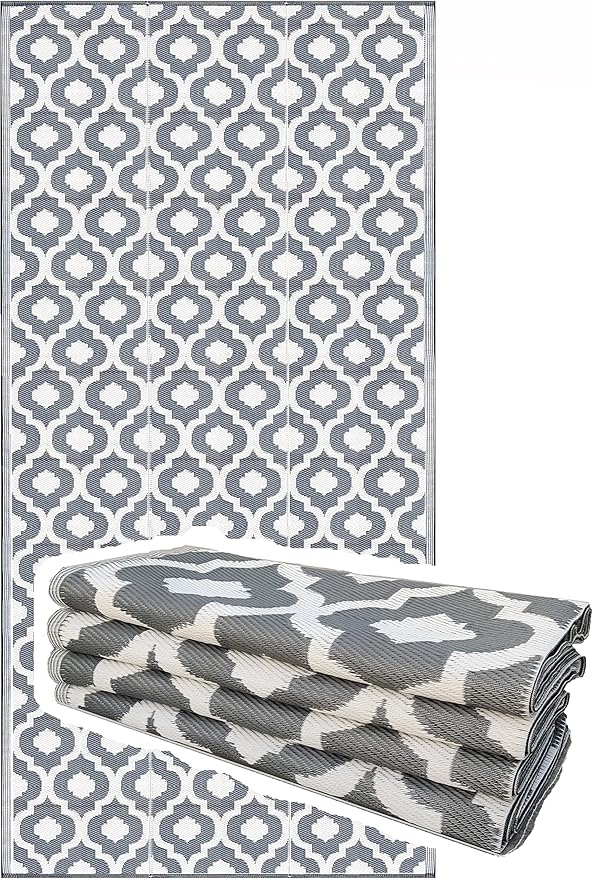 BalajeesUSA Outdoor Rugs 9 by 18 Feet Grey Reversible Recycled Plastic Straw Patio Rugs Waterproof Large RV Camper Awning mat 7070