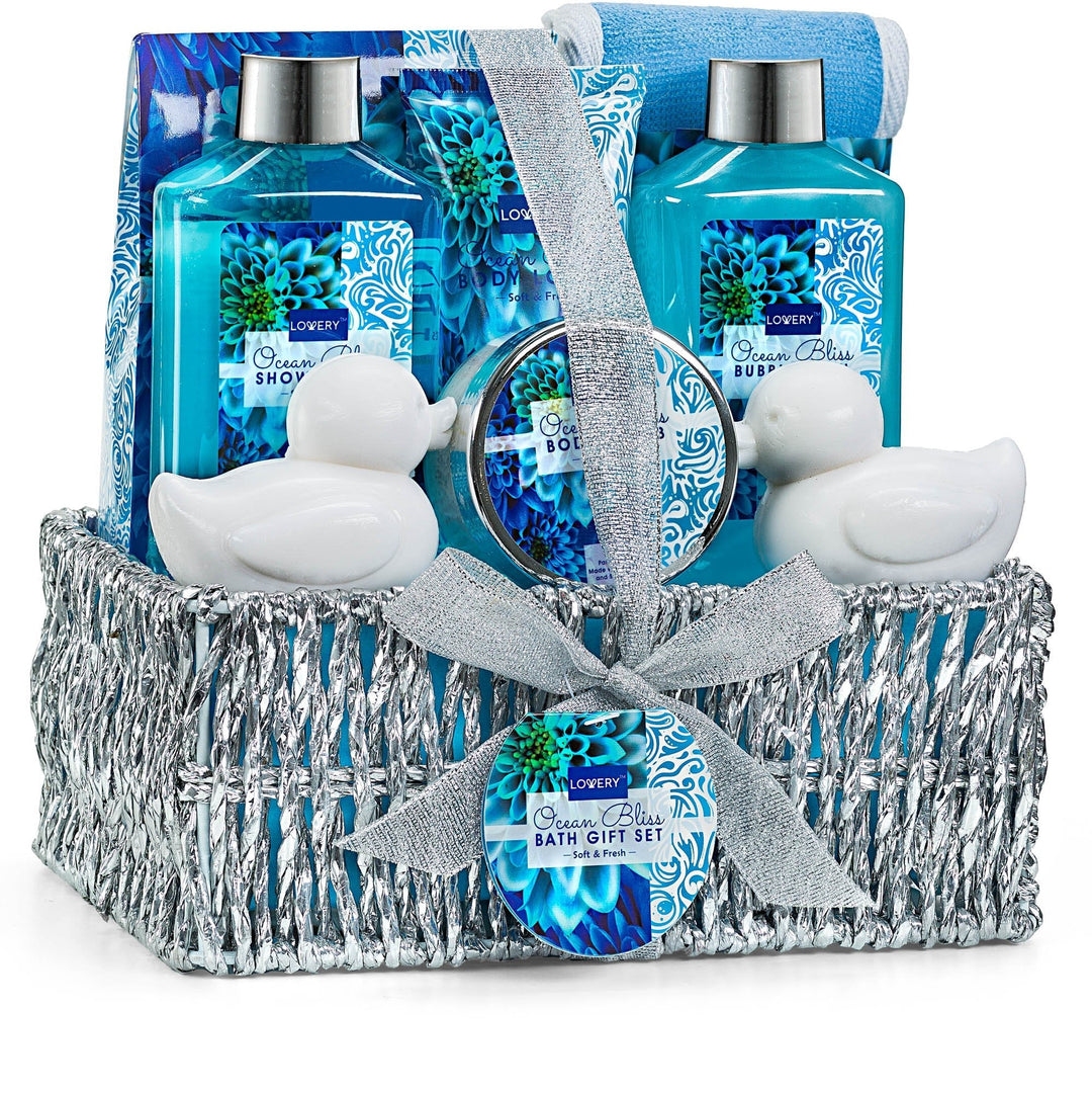 Mothers Day Home Spa Gift Basket In Heavenly Ocean Bliss Scent - 9Pc Bath & Body Set - Shower Gel, Bubble Bath, Bath Salt, Body