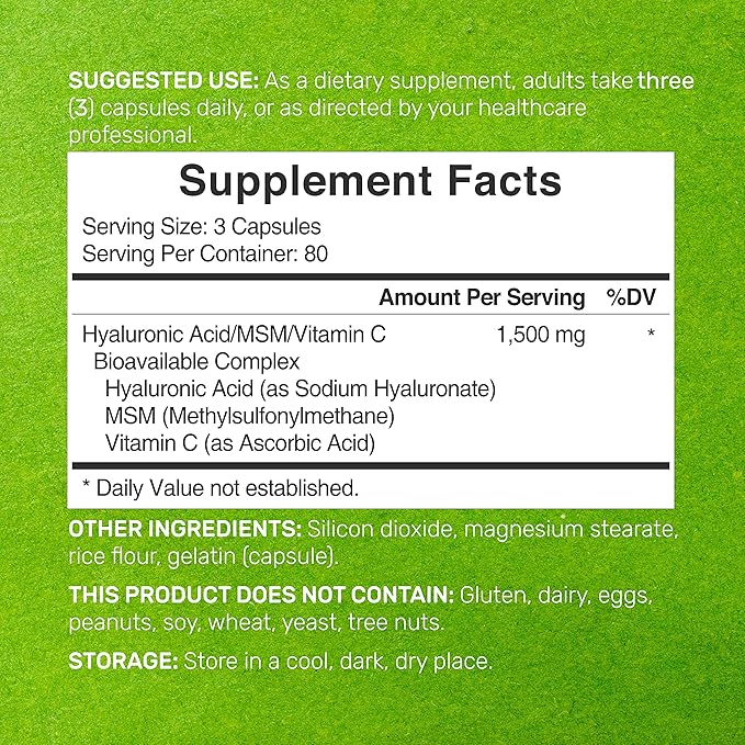 Deal Supplement Hyaluronic Acid Supplements 1,500mg – 240 Capsules, with MSM & Vitamin C – Pure 95% | Non-GMO + Plant Based HA – Supports Healthy Joints, Bones, Connective Tissue, & Skin Hydration