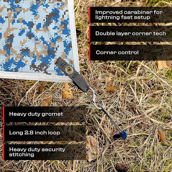 Rain Fly 12x10 Lightweight Survival Camping Tarp; 100% Waterproof; Makes a Great Backpacking Tarp or Hammock Shelter; Comes in Multiple Colors, Survival Bracelet Included; Camo Pixel Blue