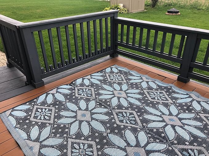 BalajeesUSA Outdoor Rug – 6x9, Sky Blue, Grey, Reversible Recycled Plastic Straw Rug Waterproof Outdoor Patio Rugs Clearance Large RV Camper Mats 331