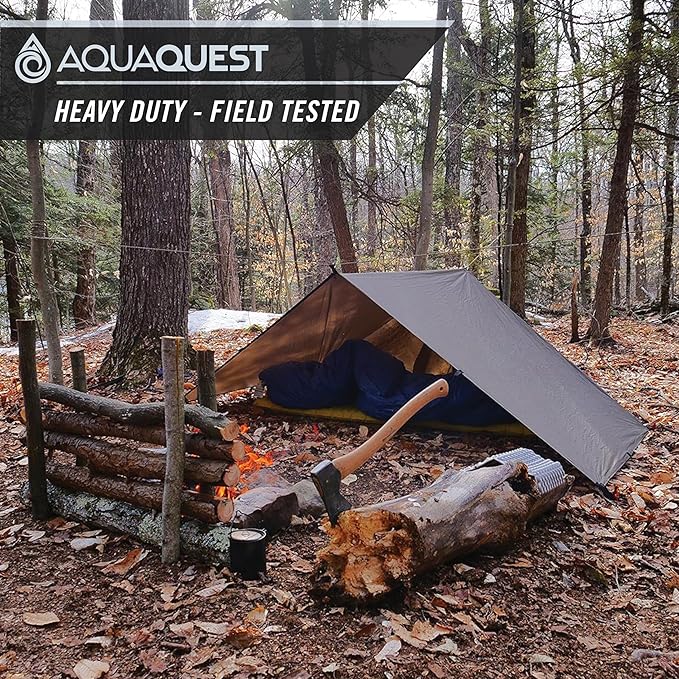 AquaQuest Defender Camping Tarp - Heavy Duty Tent Shelter or Rain Fly - Waterproof Camping Essentials for Hiking, Bushcraft & Hammock, 10 x 10 ft, Olive Drab Kit