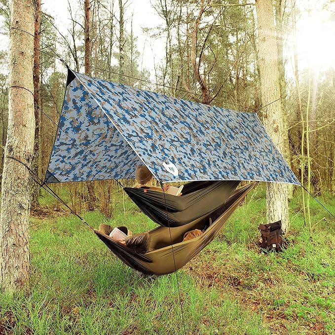 Rain Fly 12x10 Lightweight Survival Camping Tarp; 100% Waterproof; Makes a Great Backpacking Tarp or Hammock Shelter; Comes in Multiple Colors, Survival Bracelet Included; Camo Pixel Blue
