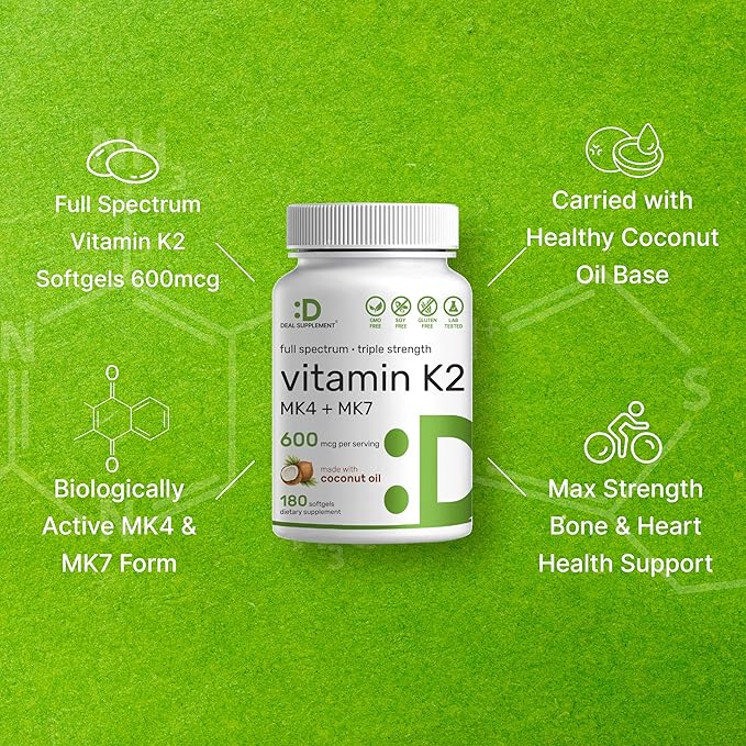 Vitamin K2 Supplement 600mcg, 180 Virgin Coconut Oil Softgels (6 Month Supply) – Full Spectrum MK-7 & MK-4 Forms, High Absorption, Triple Strength K Vitamins – Bone, Joint, & Immune Support – Non-GMO