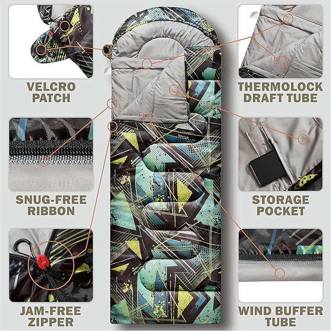 5°F Cold Weather Sleeping Bags for Adults Camping | Big and Tall Winter Sleeping Bag w. Compression Sack for Backpacking, Hiking | Waterproof, Portable | Camouflage