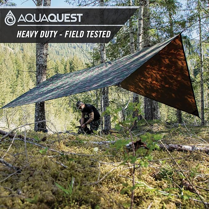 AquaQuest Defender Camping Tarp - Heavy Duty Tent Shelter or Rain Fly - Waterproof Camping Essentials for Hiking, Bushcraft & Hammock, 15 x 15 ft, Woodland Camo