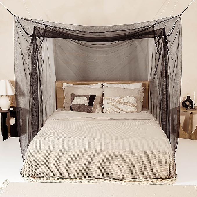 Black Mosquito Net for Single to King-Sized Beds – No Openings & 6 Hanging Loops – Decorative Rectangular Shape for Home & Travel – Bed Canopy Hanging Kit & Carrying Bag Included