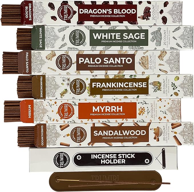 Woody Incense Sticks Variety Pack - 120 Insence-Sticks (6 Incents x 20 Insense) - White Sage Palo Santo Dragons Blood Sandalwood - Natural Inscents-Sticks Non Toxic Cleansing Incienso + Burner Holder