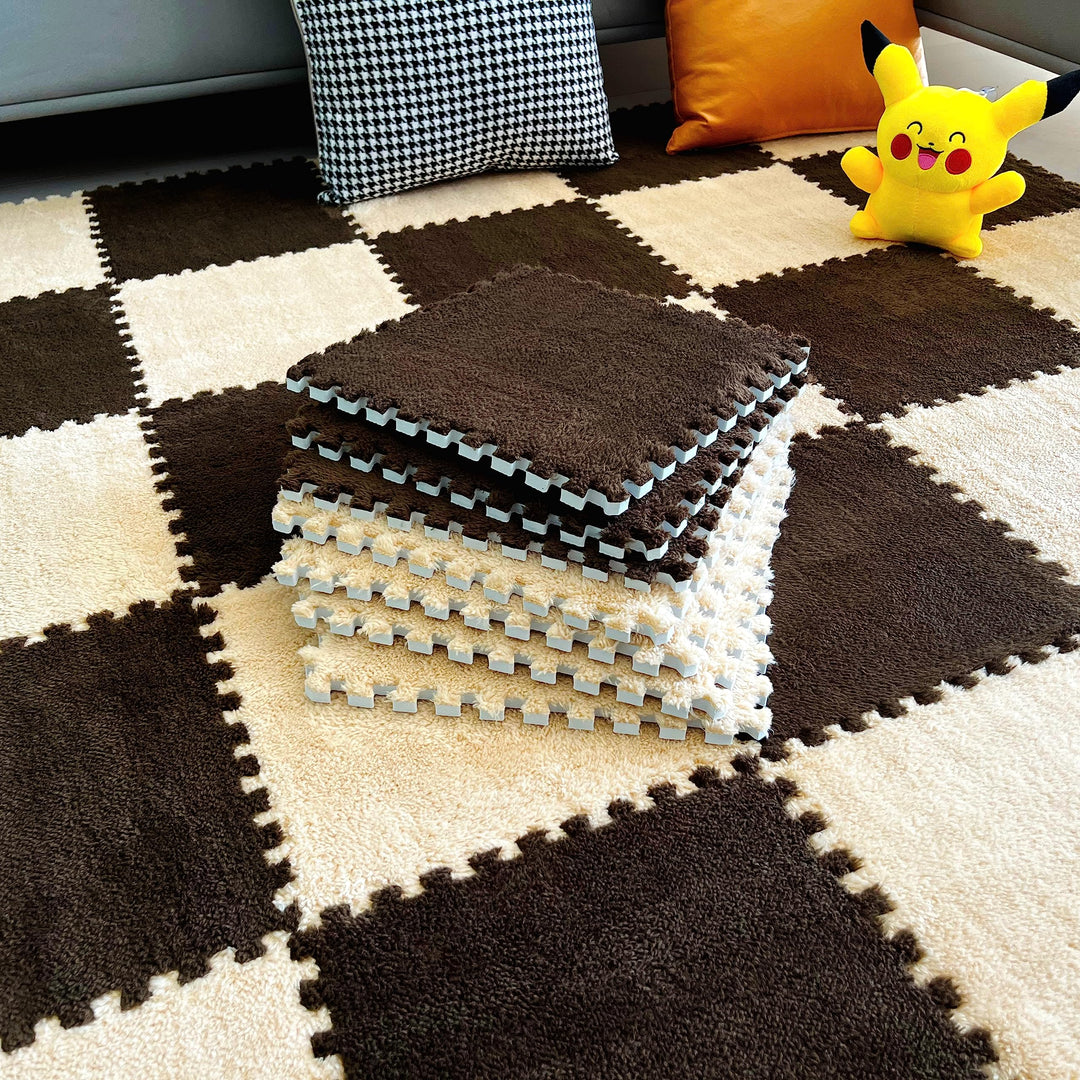 easycustomerlee 12pcs Interlocking Carpet Shaggy Soft EVA Foam Mats Fluffy Rugs Protective Floor Tiles Play Mats for Children Kids Room Home Parlor Bedroom(Brown)