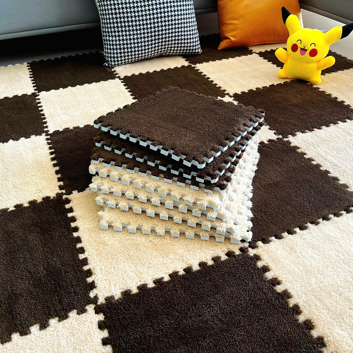 easycustomerlee 12pcs Interlocking Carpet Shaggy Soft EVA Foam Mats Fluffy Rugs Protective Floor Tiles Play Mats for Children Kids Room Home Parlor Bedroom(Brown)