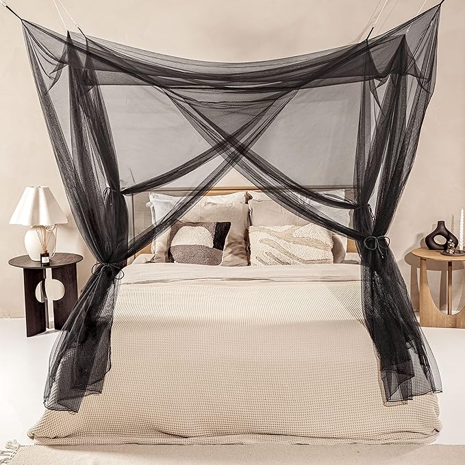 Black Mosquito Net for Single to King-Sized Beds – 4 Side Openings & 6 Hanging Loops – Decorative Rectangular Shape for Home & Travel – Bed Canopy Hanging Kit & Carrying Bag Included