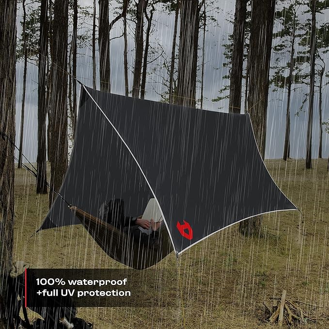 Rain Fly 12x10 Lightweight Survival Camping Tarp; 100% Waterproof; Makes a Great Backpacking Tarp or Hammock Shelter; Comes in Multiple Colors, Survival Bracelet Included; Black